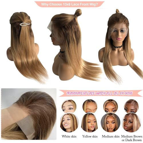 13x6 Ombre Blonde Lace Front Wigs Human Hair,HD Transparent Brown to Ash Blonde Straight Lace Frotal Human Hair Wig with Brown Roots Pre Plucked Bleached Knots Brazilian Virgin Human Hair Wig