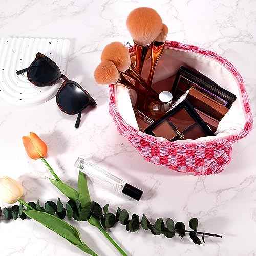 ZLFSRQ 2Pcs Makeup Bag Checkered Cosmetic Bag Set Travel Toiletry Bags for Purse Large Small Makeup Pouch for Women Cute Preppy Pencil Pouch Case Pink Zipper Skincare Bags
