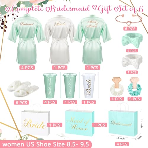 42 Pcs Bridesmaid Bride Robes Set of 6 Bridal Party Silk Satin Robes for Wedding Bachelorette Party Gifts (White,Sage Green)