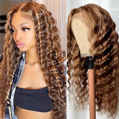 DULOVE Highlight Ombre Deep Wave Lace Front Wigs Human Hair Pre Plucked with Baby Hair Glueless 13x4 Hd Transparent Lace Front Wigs Human Hair 4/27 Honey Blonde Lace Frontal Wig 200 Density 22inch