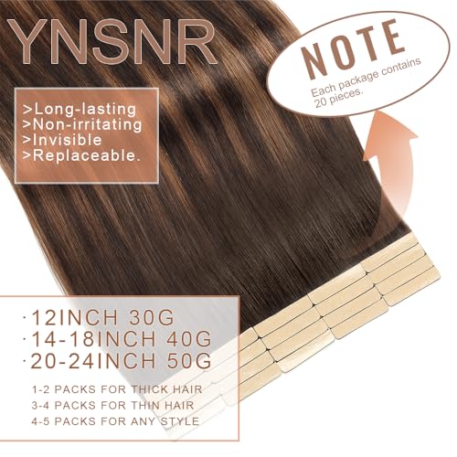 Tape in Hair Extensions Human Hair Dark Brown to Mixed Chestnut Brown 22 Inch 20Pcs Tape Ins for Women Straight Invisible Seamless Remy