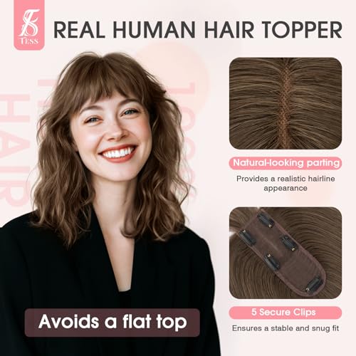 TESS Real Hair Toppers for Women Handmade Lace Base Womens Clip In Hairpieces with Bangs 5 Clips Natural Coverage Soft and Secure 2¡¿6", Dark Brown