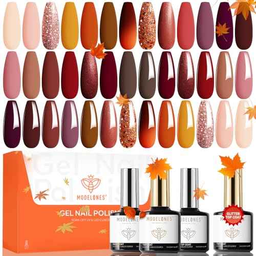 modelones 24 PCS Gel Nail Polish Kit, 20 Colors Fall Pink Brown Nude Orange Gel Polish Set with Glitter, Glossy and Matte Top Base Coat Home DIY Manicure Nail Art Design Gifts
