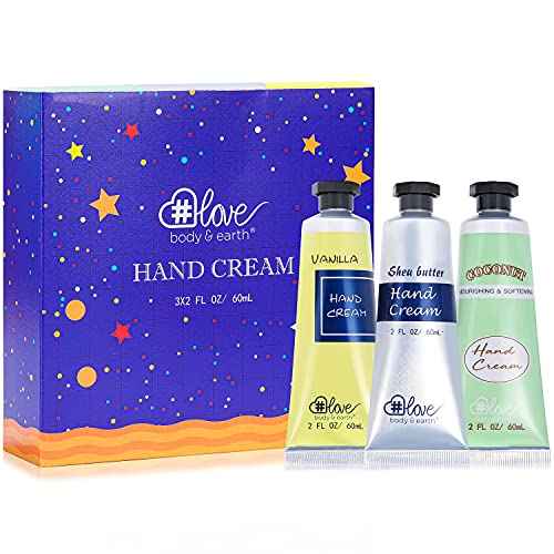 BODY & EARTH # LOVE Hand Cream Gift Set, Mothers Day Gifts for Mom Gifts, Natural Hand Cream with Vitamin E and Argan Oil for Dry Hands, 3x2.0 oz Travel Size Hand Lotion, Birthday Gifts for Women