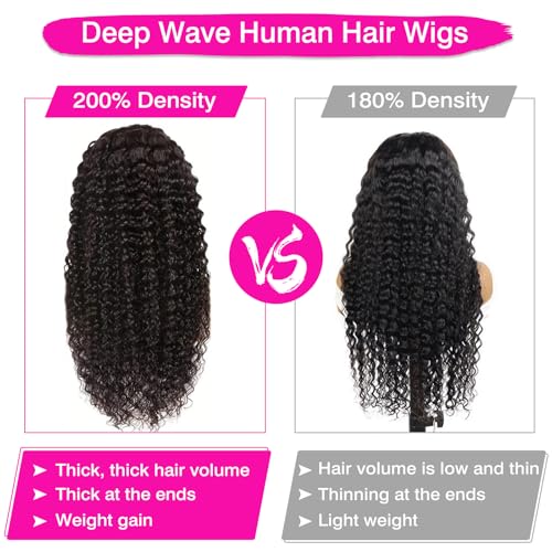 200% Density 20 Inch 13x6 Deep Wave Lace Front Wigs Human Hair Curly HD Lace Front Human Hair Wig Pre Plucked 100% Real Human Hair No Synthetic Blend No Tangle No Shedding Triple Lifespan 3X