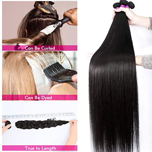 Younsolo Straight Bundles Human Hair 3 Bundles 14 16 18 inches Straight Hair Bundles 12A Brazilian Virgin Hair 100% Unprocessed Quick Weave Hair Extensions Natural Black Color Bundles