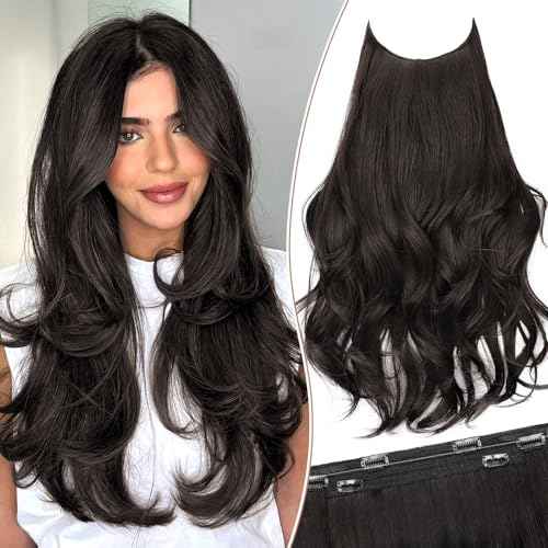 KooKaStyle Invisible Wire Hair Extensions 20¡®¡¯ Long Wavy Layered Synthetic Clip in Hair Extensions with Transparent Wire Adjustable Size 6 Secure Clips Dark Brown Thick Hairpieces for Women 20 Inch
