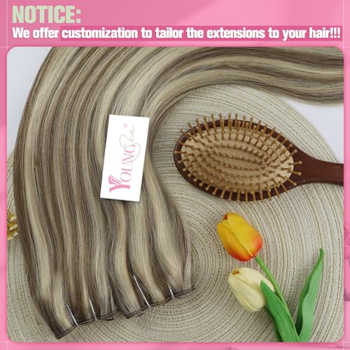 YoungSee Wire Hair Extensions Brown Blonde Invisible Wire Hair Extensions Human Hair Platinum Blonde with Light Brown Highlight Fish Line Hair Extension Real Human Hair 14 Inch 80g