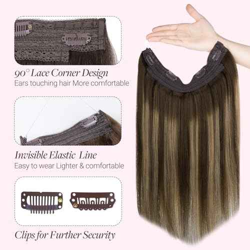 GOO GOO Wire Hair Extensions Human Hair, 4/27/4 Chocolate Brown with Caramel Blonde Balayage 12inch 70g, Invisible Wire Hair Extensions with Transparent, Seamless Fish Line Hairpiece