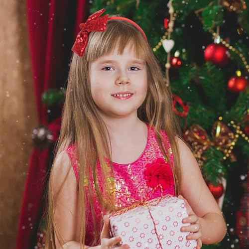 Kiszu Sparkly Sequin Hair Bow Headband for Girls, Kids, and Toddlers - Fashion Cute Boutique Style Hair Accessory - 1 Piece (Christmas Red)