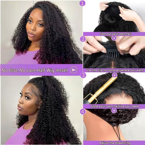 Half Wig Human Hair Jerry Curly Half Wig 200% Density Wear And Go Glueless Wigs Human Hair 3 In 1 Half Wigs With Drawstring Seamless Flip Headband Wig For Women 18Inch