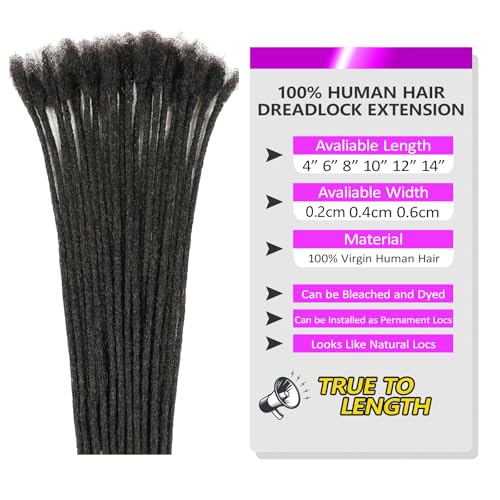 0.6 cm Width 4 Inch 60 Strands Human Hair Loc Extensions, Natural Black 100% Full Handmade Permanent Real Human Hair Dreadlock Extensions for Women/Men/Kids Can Be Dyed Bleached Curled Twisted