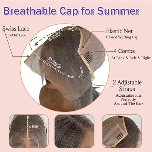 Belaved Bob Lace Front Wigs Human Hair Grey Salt & Pepper 12 Inch Ombre Silky Straight Balck Mix Grey Short Bob 13x4 HD Lace Frontal 180% Density Pre Plucked Bleached Knots Glueless