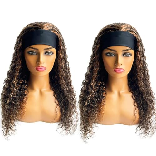 Highlight Deep Wave Wigs Human Hair 20 Inch Ombre Curly Headband Wig Human Hair Wigs for Black Women Human Hair Non Lace Front Wigs Brazilian Virgin Hair Brown Glueless Wear and Go Wigs Blonde