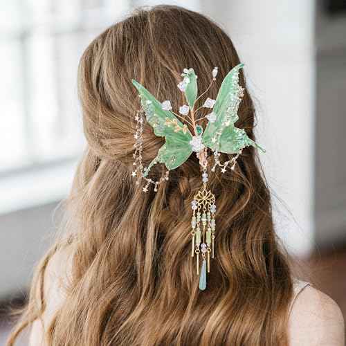 FRESHME Butterfly Hair Clip for Women - 1 Pc Green Fairy Hair Accessories with Tassel Butterfly Wings Elf Claw Clips Elven Hair Clamps for Photoshoot Prom Renfaire Fantasy Costume Cosplay