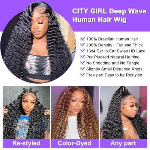 CITY GIRL Deep Wave Lace Front Wigs Human Hair Pre Plucked 13x4 Hd Transparent Lace Frontal Deep Curly Wet And Wavy Human Hair Wig For Women 200 Density 26 Inch