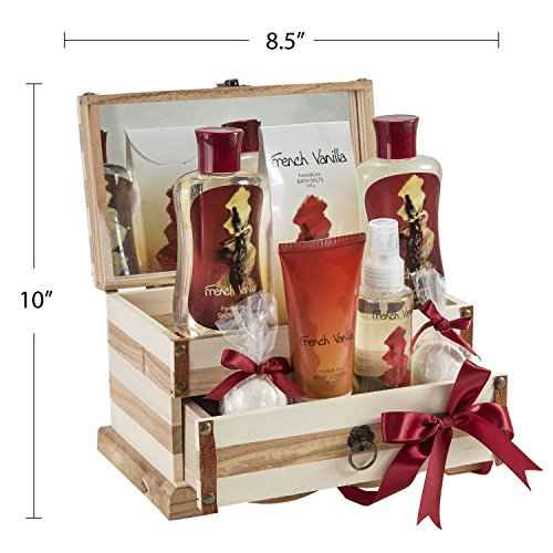 French Vanilla Bath Set Essential Bath and Body Basket: 2 Vanilla Bath Bombs, Body Lotion, Body Spray, Bath Salts, etc in a Wooden Jewelry Box
