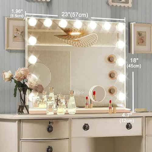 Hollywood Vanity Mirror with Lights, 15 Dimmable Bulbs, 3 Color Lights,Make Up Lighted Mirror, Aluminum Metal Frame, USB Charging Port£¨23" x 18"£©