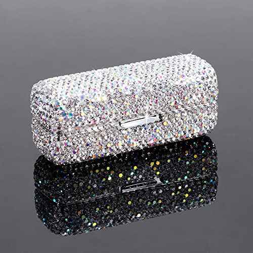 Rhinestone Lipstick Case with Mirror, Bling Crystal Lipstick Case Diamonds Makeup Cosmetic Storage Box Holder for Purse Ladies Fashion (Silver Color)