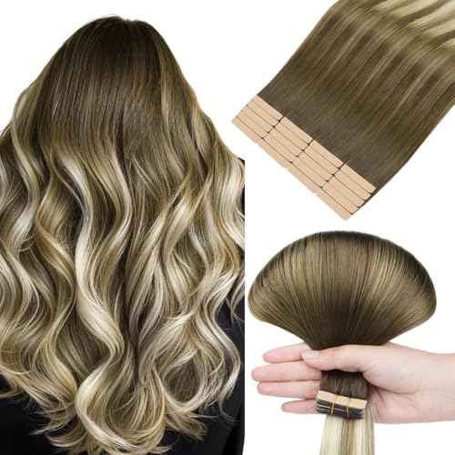 HOTBANANA Tape in Hair Extensions, 20 Inch 20pcs 50g Ombre Walnut Brown to Ash Brown and Bleach Tape in Hair Extensions Human Hair Straight Remy Human Hair Tape in Extensions
