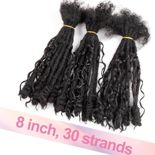 0.6 cm Human Hair Dreadlocks with Twist Ends 8 inch 30 Strands Boholocs Human Hair Handmade Dreadlock Extensions Natural Black Color Can Be Dyed Bleached Curled(1B#, 8 Inch-30 Strands)