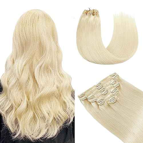 YILITE Clip in Hair Extensions 120g 8Pcs/Pack Platinum Blonde Double Weft Silky Straight Remy Human Hair Thick Clip in Real Hair Extensions for Women (16inches #60 Platinum Blonde)
