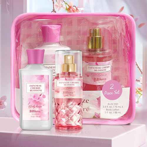 Japanese Cherry Blossom Bath and Body Gift Set - 2-Piece Travel Skincare Essentials (3oz Body Lotion + 2.5oz Fragrance Mist) Lightweight Hydrating Duo, Holiday Gift Set