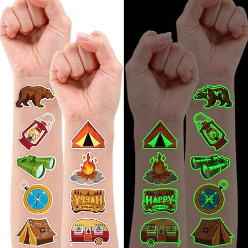 96 PCS Camp Camping Pre-Cut Luminous Glow in the dark Temporary Tattoos for Kids Themed Birthday Party Supplies Favors Decorations 8 Sheets Super Cute Fake Tattoo Stickers Gifts For Boys Girls Rewards