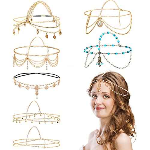 WILLBOND 8 Pieces Gold Head Chain Jewelry Halloween Boho Headband Coins Pearl Tassel Chain Hair Band Festival Prom Wedding Headpiece for Women(Elegant Style)
