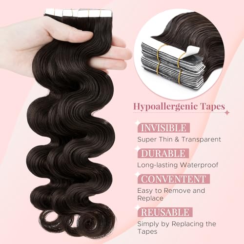 Wavy Tape In Hair Extensions Real Human Hair with Double-Sided Adhesive Professional Hair Extensions for Women 40pcs Body Wave 14 Inches Dark Brown