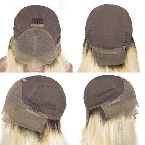 Ombre Blonde HD Lace Wigs Brazilian Virgin Human Hair #1B/613 Dark Roots Bob Wig Glueless Straight 12Inch 180% Density Remy Hair Pre Plucked Bleached Knots 13x4 Transparent Frontal Bob Wigs for Women