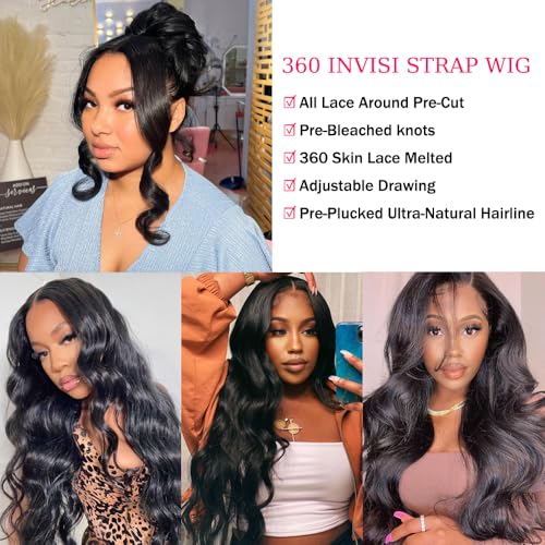 Hidden Strap Glueless 360 Lace Front Wigs Human Hair Body Wave Invisiable Strap 360 Glueless Wig Pre Plucked Bleached Knots Natural Hairline Pre Cut HD Lace Frontal with Drawsting