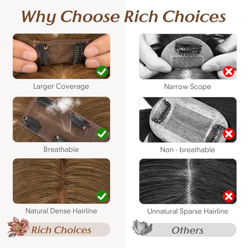 Rich Choices Hair Toppers for Women Real Human Hair 360¡Æ3D Clip in Bangs 100% Remy Human Toppers with Bang for Thinning 150% Density Upgrade Extended 2"*6"Lace Base 10 Inch #04 Mocha Brown