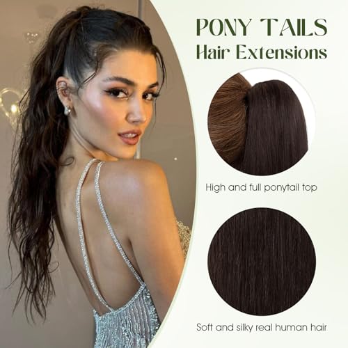Ponytail Extension, 16 Inch Claw Clip Ponytail Extension Human Hair Long Straight Jaw Clip in Real Hair Pony Tails Hairpieces for Women Dark Brown