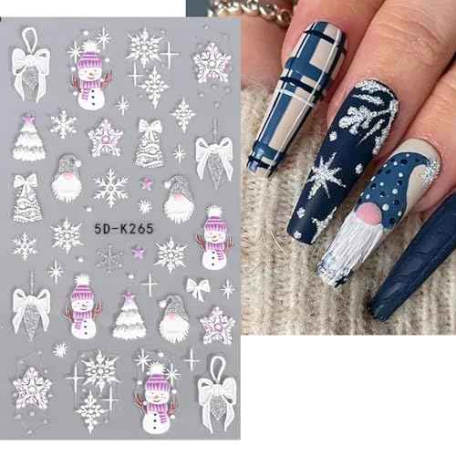 Christmas Nail Art Stickers Snowflake 5D Embossed Nail Decals 8PCS Gold Silver Glitter Snowman Christmas Tree Bell Cane Bear Nail Design Winter Nail Decoration for Acrylic Nails Manicure Decorations