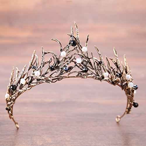 Women Black Hair Crown Vintage Wedding Tiaras Gothic Elf Headpiece Fancy Dress Headband for Bridal Carnival Prom Halloween Birthday Christmas Party Costume Accessories