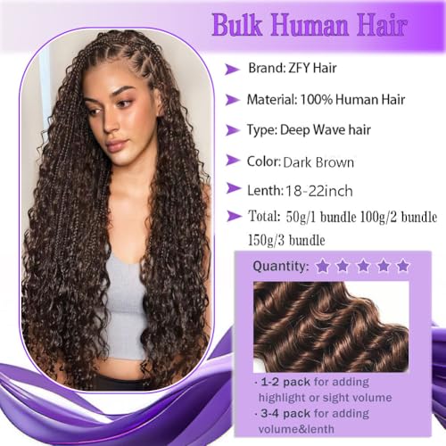 Human Braiding Hair 150g 20 Inch Deep Wave Bulk Human Hair for Braiding Boho Braids 100% Unprocessed Brazilian Virgin Human Hair Extensions No Weft 3 Bundle/Pack Dark Brown