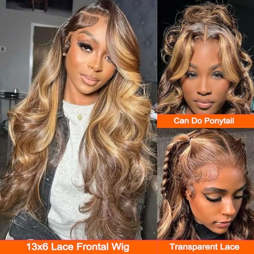 13x6 Honey Blonde Highlight Wig Human Hair Ombre Lace Front Wig P4/27 Body Wave Highlight Lace Front Wig Glueless Pre Plucked Bleached Knots Hd Lace Frontal Wigs Colored 22 Inch 180% Density