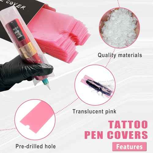 LEEYUKA 200Pcs Large Tattoo Machine Pen Covers with 6Pcs Grip Tape Machine Wrap Pink Tattoo Pen Sleeves with Self-Adhesive Tape Tattoo Supplies