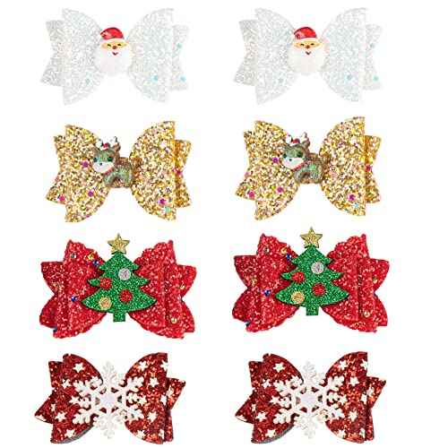 Framendino, 8 Pack Christmas Hair Clip Tree Hat Santa Snowflake Bows Accessories for Women