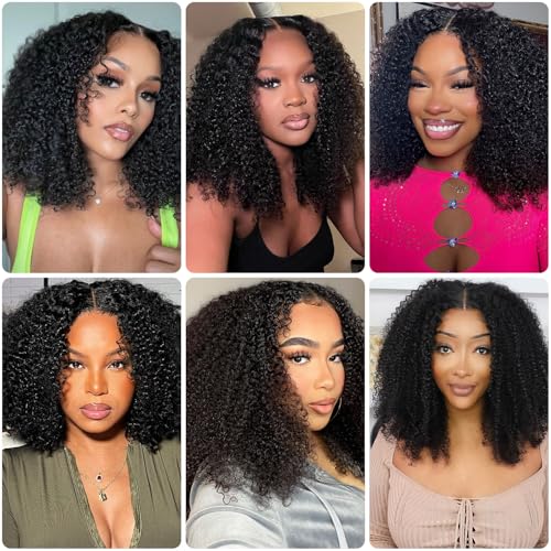 Glueless Bob Wig Human Hair Pre Plucked Pre Cut Bleached Knots Wear and Go Glueless Lace Front Wigs Human Hair Afro Kinky Curly 6x4 HD Lace Closure Bob Wigs for Women 200% Density 10 Inch
