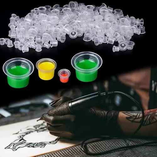 Tattoo Ink Caps Set, 600 Pieces Cups with 4 Green Cup Holders, Mixed Sizes Large Medium Small, Plastic Pigment Cups, Tattooing Machine Plastic Supplies Kit
