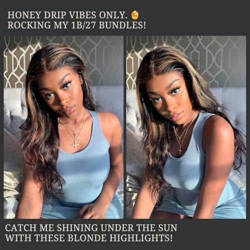 Highlight Honey Blonde Bundles Human Hair 24 Inch Body Wave Black and Blonde Balayage 1b/27 bundles 12A Brazilian Virgin Remy Hair Loose Wave Wavy Sew In Weave Ombre Single Bundle Piano Color P1b27