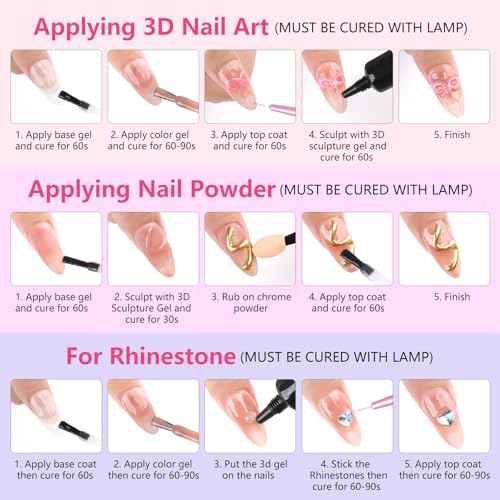 BQAN 3 in 1 3D Nail Art Gel, 2x10g Sculpting 3D Gel No-Wipe with Chrome Powder for Rhinestones / DIY Nail Art, Salon & Home Use (Clear)