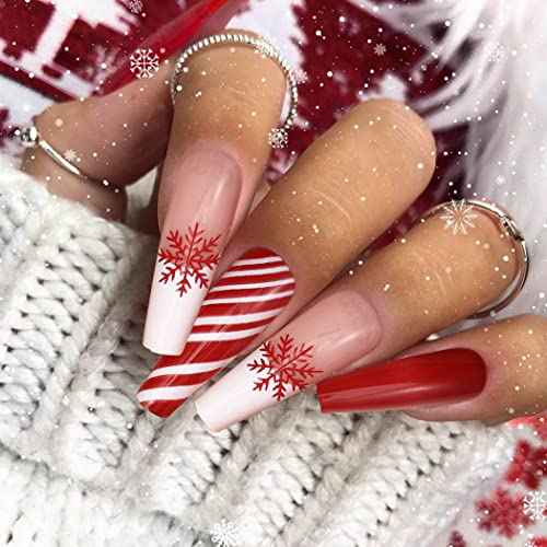 Red Long Press on Nails Glossy Xmas Fake Nails Black Coffin Snowflake Stripe Full Cover Acrylic Nail Christmas False Nails for Women and Girls 24PCS (Type A)