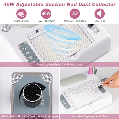 Biutee Nail Dust Collector 5 in 1 80W Nail Vacuum Dust Collector Extractor Professional 30000rpm Electric Nail Drill Machine with 48W/96W UV LED Nail Lamp Nail Art Tool With LED Light