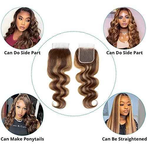 4/27 Lace Closure Human Hair Pre Plucked With Baby Hair Body Wave Brown To Honey Blonde Two Tone 4X4 Free Part Bleached Knots Brazilian Virgin Closure Human Hair 20 Inch