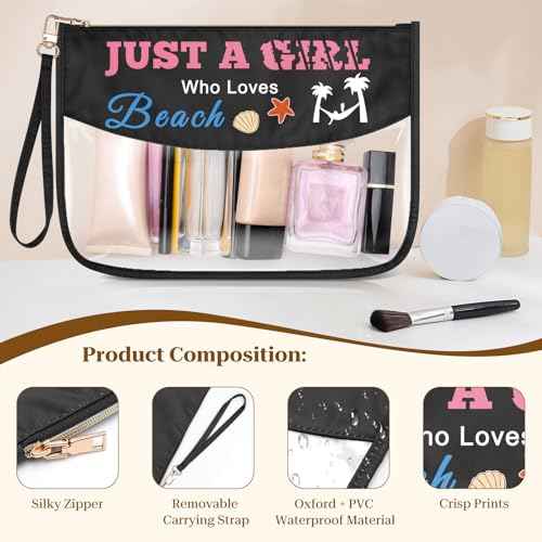 Beach Lover Gift Clear PVC Makeup Bag Summer Beach Themed Gift for Girls Women Oxford Cloth Cosmetic Bag Zipper Travel Toiletry Pouch Birthday Christmas Graduation Gift for Friends Sister Bestie