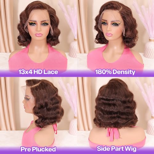 Hihmarm 13x4 Chocolate Brown Lace Front Wigs Human Hair Pre Plucked 12 Inch Body Wave Bob Wig Human Hair Short Bob Wigs for Black Women 180% Density Glueless Wig HD Lace Frontal Wigs Human Hair