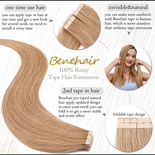 Benehair Tape-in Hair Extensions Human Hair Blonde 20pcs 50g/pack Straight Hair Extensions Seamless Skin Weft Tape-in Natural Hair for Women (20", 27 Dark Blonde)